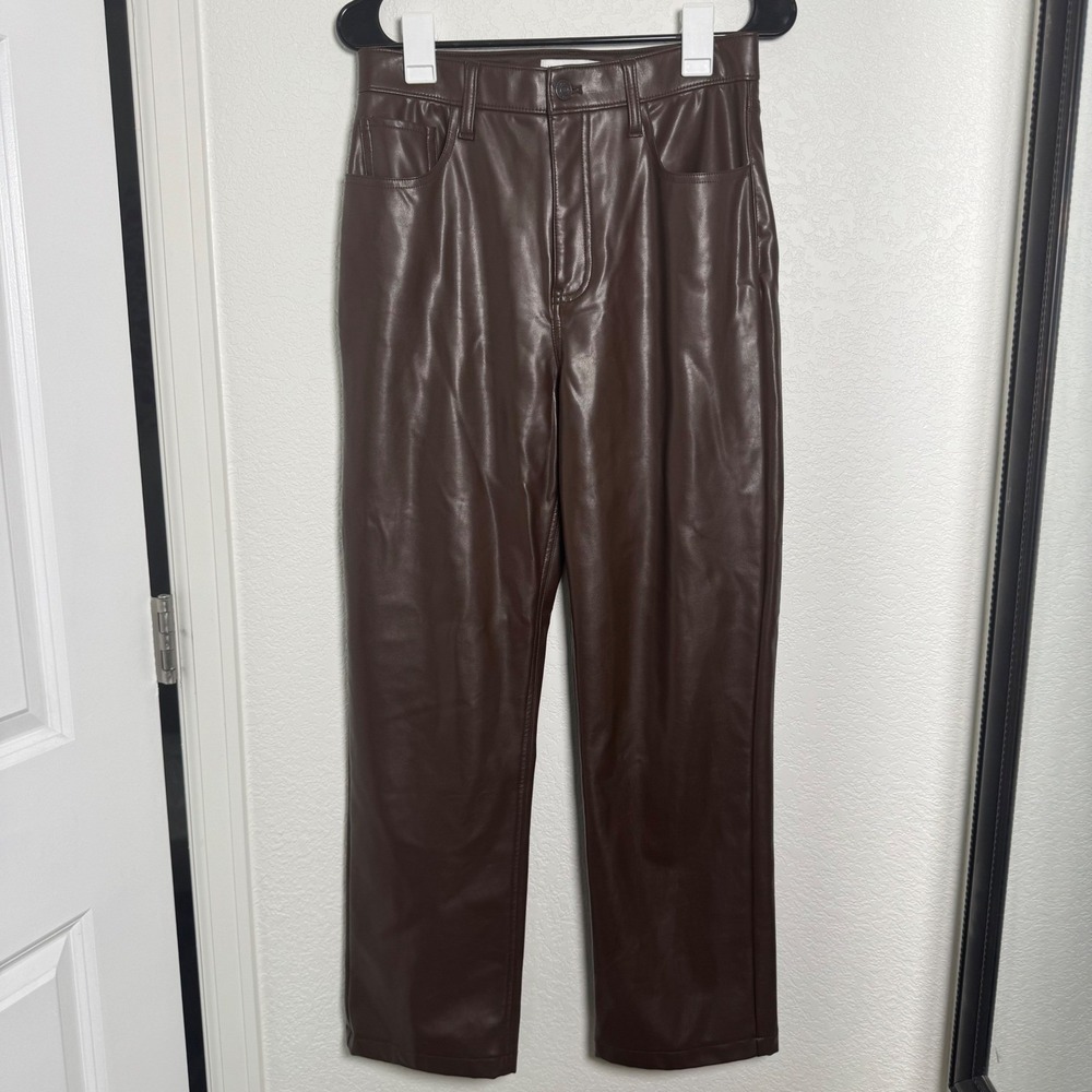 Abercrombie & Fitch Vegan Leather Pants Women 29 8S Brown 90s Straight High Rise - Picture 3 of 7